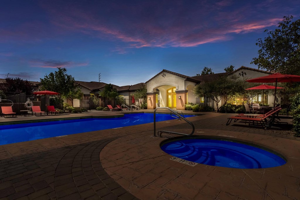 Twilight Photo of the Resort Style Pool and Outdoor Spa Twilight Photo of the Resort Style Pool and Outdoor Spa at Broadstone Towne Center, Albuquerque, New Mexico